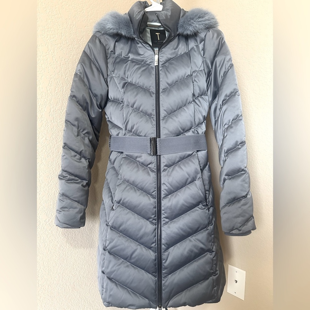 Ted Baker duck down puffer coat with elasticized belt and faux fur hood size 1